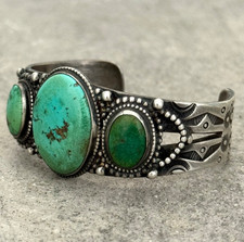 OLD Fred Harvey Era Native American Navajo Turquoise Sterling Bracelet 6.25 in - Additional view 2