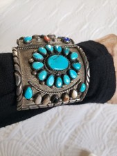 Rare Fred Harvey Era Turquoise & Silver Watch Cuff Bracelet Signed FH 1900-1950s - Additional view 6