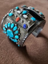 Rare Fred Harvey Era Turquoise & Silver Watch Cuff Bracelet Signed FH 1900-1950s