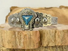 Vintage Navajo Fred Harvey Era Sterling Blue Turquoise Stamped Cuff--19.26 - Additional view 1
