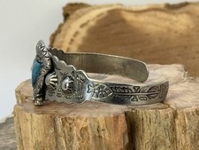 Vintage Navajo Fred Harvey Era Sterling Blue Turquoise Stamped Cuff--19.26 - Additional view 3