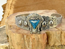 Vintage Navajo Fred Harvey Era Sterling Blue Turquoise Stamped Cuff--19.26