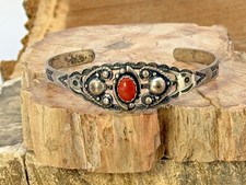 Vintage Navajo Fred Harvey Era Sterling Silver Coral Stamped Cuff--20.26 - Additional view 1