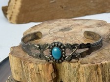Vintage Navajo Fred Harvey Era/Style Sterling Turquoise Stamped Cuff--261.26 - Additional view 1