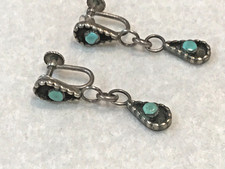 🔥Native American Fred Harvey-era Squash Blossom TURQUOISE Earrings 925 Silver - Additional view 1