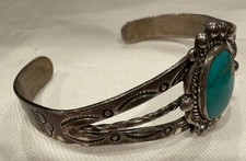 VTG Navajo Fred Harvey Era Turquoise Sterling Silver Stamped Cuff Bracelet,15.3g - Additional view 6