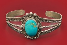 VTG Navajo Fred Harvey Era Turquoise Sterling Silver Stamped Cuff Bracelet,15.3g