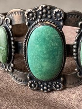 Old Fred Harvey Style Green Turquoise Thunderbird Cuff Needs TLC Read - Additional view 1
