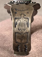 Old Fred Harvey Style Green Turquoise Thunderbird Cuff Needs TLC Read - Additional view 5