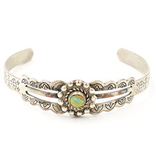 Sterling Silver 925 Fred Harvey Era Turquoise Gemstone Stamp Work Cuff Bracelet - Additional view 1