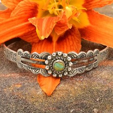Sterling Silver 925 Fred Harvey Era Turquoise Gemstone Stamp Work Cuff Bracelet