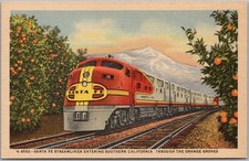 c1960s SANTA FE RAILROAD Postcard Streamliner Train California FRED HARVEY Linen
