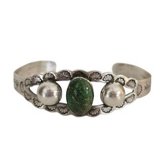 Vintage Fred Harvey Era Native American Navajo Green Turquoise Sterling Bracelet - Additional view 1