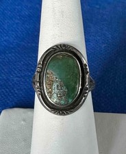 Fred Harvey Era Oval Face Greasy Green Turquoise & Sterling Ring Sz. 7 - Additional view 1