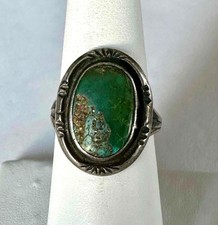 Fred Harvey Era Oval Face Greasy Green Turquoise & Sterling Ring Sz. 7