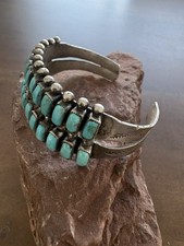 Native Double Row Zuni Turquoise Sterling Vtg Fred Harvey Era Bracelet Cuff Wide - Additional view 1