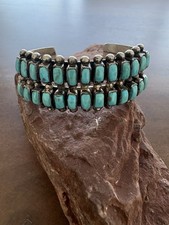 Native Double Row Zuni Turquoise Sterling Vtg Fred Harvey Era Bracelet Cuff Wide
