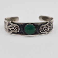 VTG Fred Harvey Navajo Green Turquoise Stamped Sterling Silver Cuff Bangle 6.37"