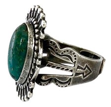ANTIQUE 1930’s FRED HARVEY Sterling Silver ROPE~RAINDROP Green TURQUOISE Ring - Additional view 3