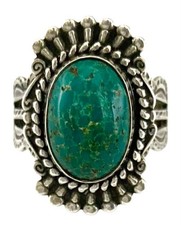 ANTIQUE 1930’s FRED HARVEY Sterling Silver ROPE & RAINDROP Green TURQUOISE Ring - Additional view 1