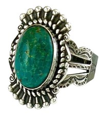 ANTIQUE 1930’s FRED HARVEY Sterling Silver ROPE & RAINDROP Green TURQUOISE Ring - Additional view 3