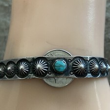 OLD Fred Harvey Era Navajo Sterling Silver Turquoise Reverse Punch Row Bracelet - Additional view 11