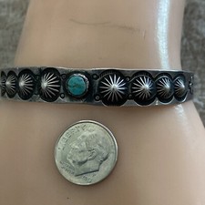OLD Fred Harvey Era Navajo Sterling Silver Turquoise Reverse Punch Row Bracelet - Additional view 10