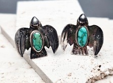Vintage NAVAJO Thunderbird Sterling Turquoise Earrings Screwback Fred Harvey Era - Additional view 1
