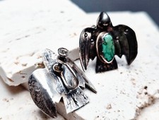 Vintage NAVAJO Thunderbird Sterling Turquoise Earrings Screwback Fred Harvey Era - Additional view 2