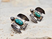 Vintage NAVAJO Thunderbird Sterling Turquoise Earrings Screwback Fred Harvey Era