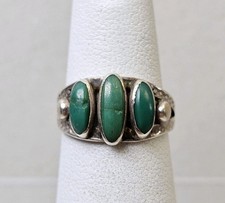Vintage Sterling Silver "Greasy Green" Turquoise Ring Navajo 1940's Fred Harvey