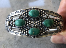 Maisels Sterling 925 Fred Harvey Era Green Turquoise Stamped Cuff Bracelet - Additional view 4