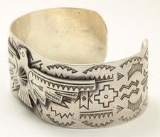 Vintage Navajo Sterling Silver Old Pawn Harvey Stamped Thunderbird Cuff Bracelet - Additional view 4