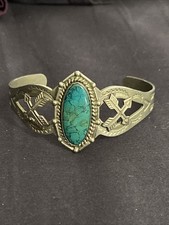 Vtg Nickel Silver Turquoise BELL TRADING POST Cuff Fred Harvey Zia Sun Route 66