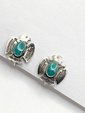 VTG Fred Harvey Style Sterling Green Turquoise Stud Earrings Petite Thunderbird - Additional view 2