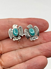 VTG Fred Harvey Style Sterling Green Turquoise Stud Earrings Petite Thunderbird - Additional view 12