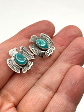 VTG Fred Harvey Style Sterling Green Turquoise Stud Earrings Petite Thunderbird - Additional view 13