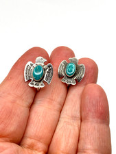 VTG Fred Harvey Style Sterling Green Turquoise Stud Earrings Petite Thunderbird - Additional view 14