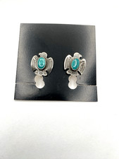 VTG Fred Harvey Style Sterling Green Turquoise Stud Earrings Petite Thunderbird - Additional view 15