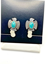 VTG Fred Harvey Style Sterling Green Turquoise Stud Earrings Petite Thunderbird - Additional view 16