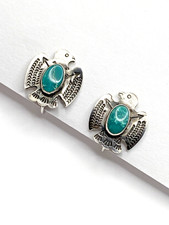 VTG Fred Harvey Style Sterling Green Turquoise Stud Earrings Petite Thunderbird - Additional view 3