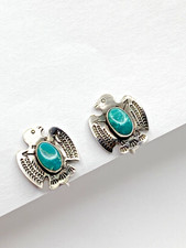 VTG Fred Harvey Style Sterling Green Turquoise Stud Earrings Petite Thunderbird - Additional view 4