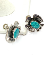 VTG Fred Harvey Style Sterling Green Turquoise Stud Earrings Petite Thunderbird - Additional view 5