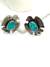 VTG Fred Harvey Style Sterling Green Turquoise Stud Earrings Petite Thunderbird - Additional view 6