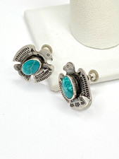 VTG Fred Harvey Style Sterling Green Turquoise Stud Earrings Petite Thunderbird - Additional view 7