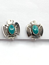 VTG Fred Harvey Style Sterling Green Turquoise Stud Earrings Petite Thunderbird