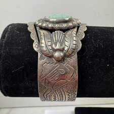 VTG Southwestern Fred Harvey Era Silver Tone Cuff Bracelet with Turquoise Stone - Additional view 1