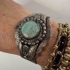 VTG Southwestern Fred Harvey Era Silver Tone Cuff Bracelet with Turquoise Stone - Additional view 7