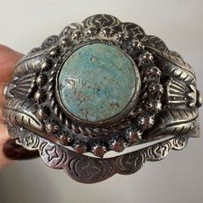 VTG Southwestern Fred Harvey Era Silver Tone Cuff Bracelet with Turquoise Stone - Additional view 8