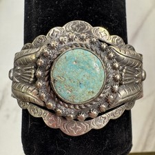 VTG Southwestern Fred Harvey Era Silver Tone Cuff Bracelet with Turquoise Stone
